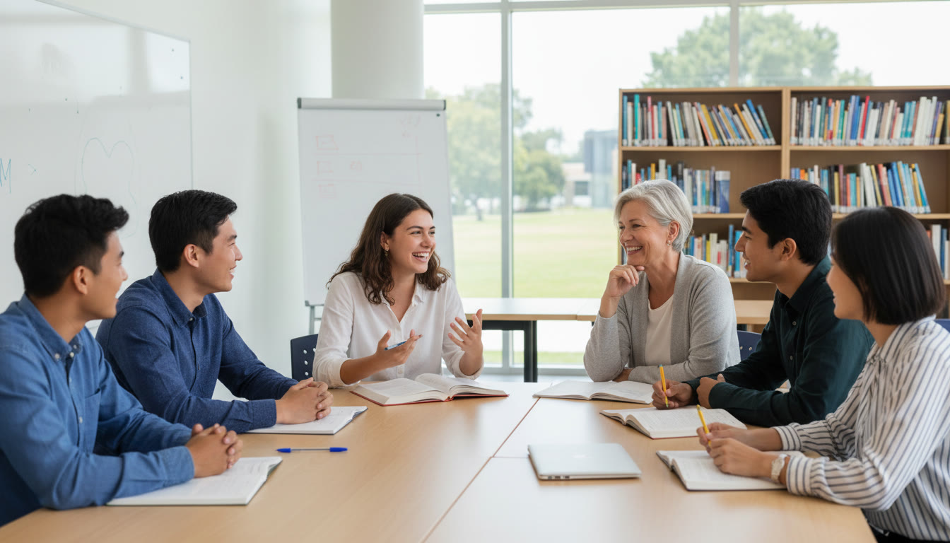 Photo Idea : A group of IB students around a table, one student speaking while a teacher listens attentively