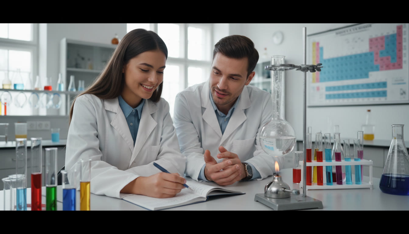 Photo Idea : A focused student discussing a lab notebook with a teacher beside chemistry equipment