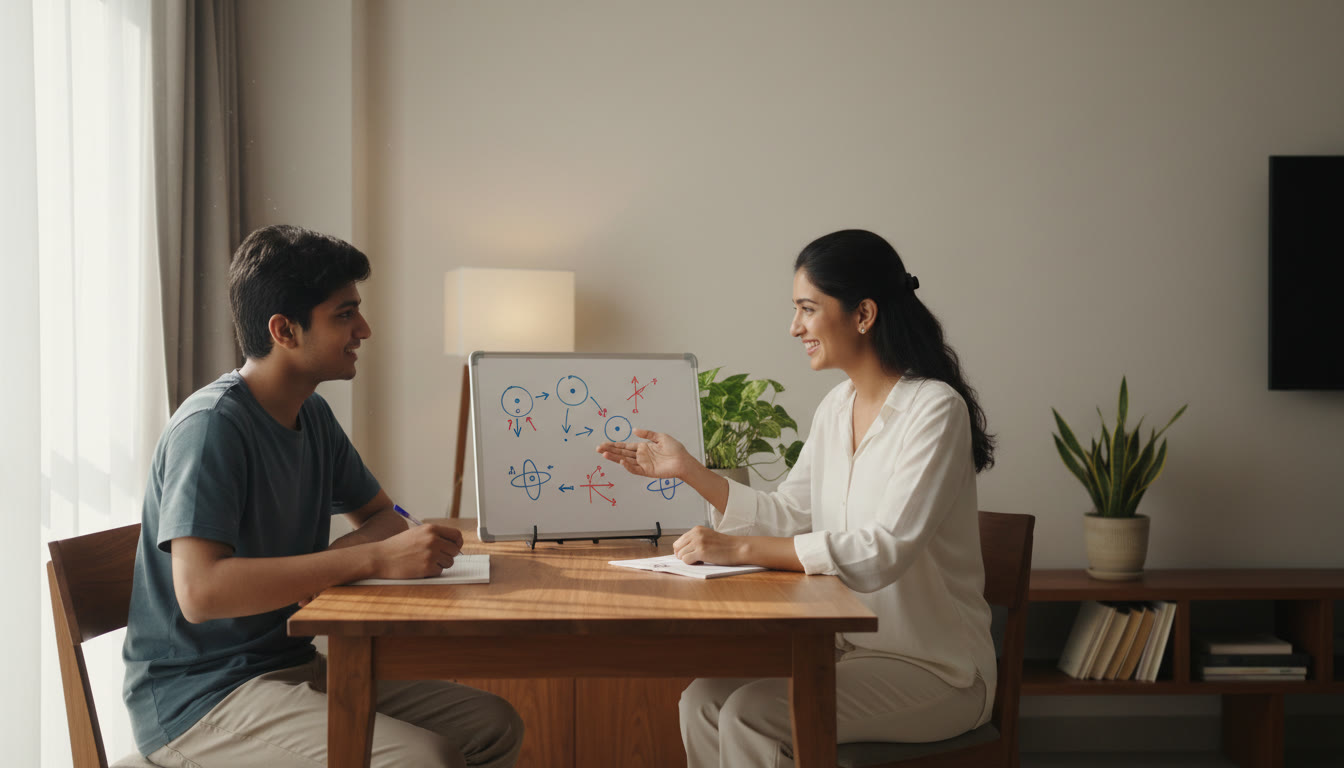 Photo Idea : A tutor guiding a student one-on-one with a small whiteboard showing physics diagrams and reaction mechanisms