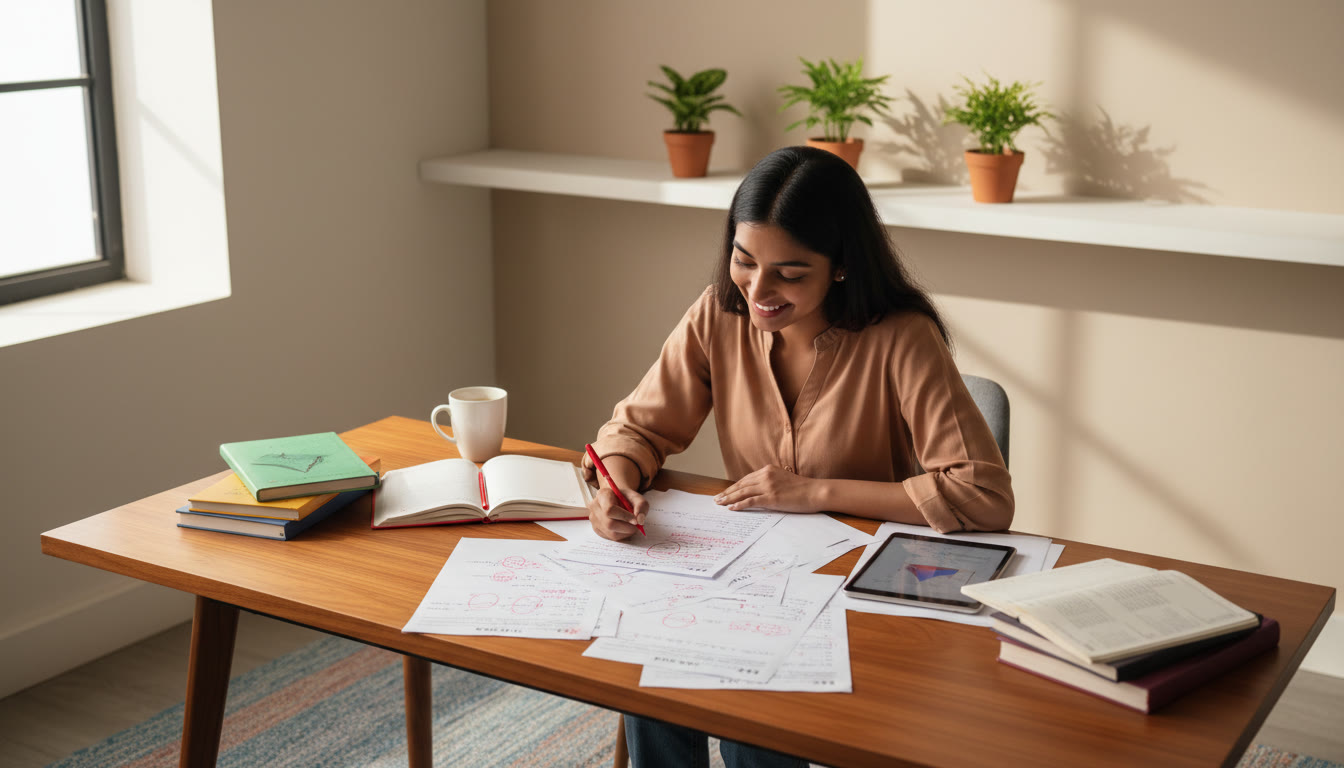Photo Idea : [A student analyzing marked mock papers with a red pen on a desk filled with notebooks]