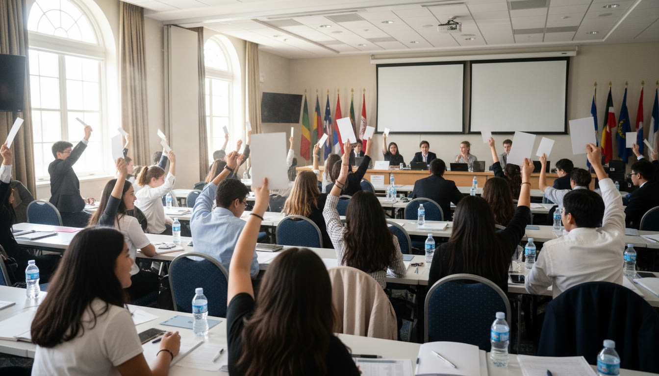 Photo Idea : Students in a Model UN debate room, raising placards and engaging in discussion