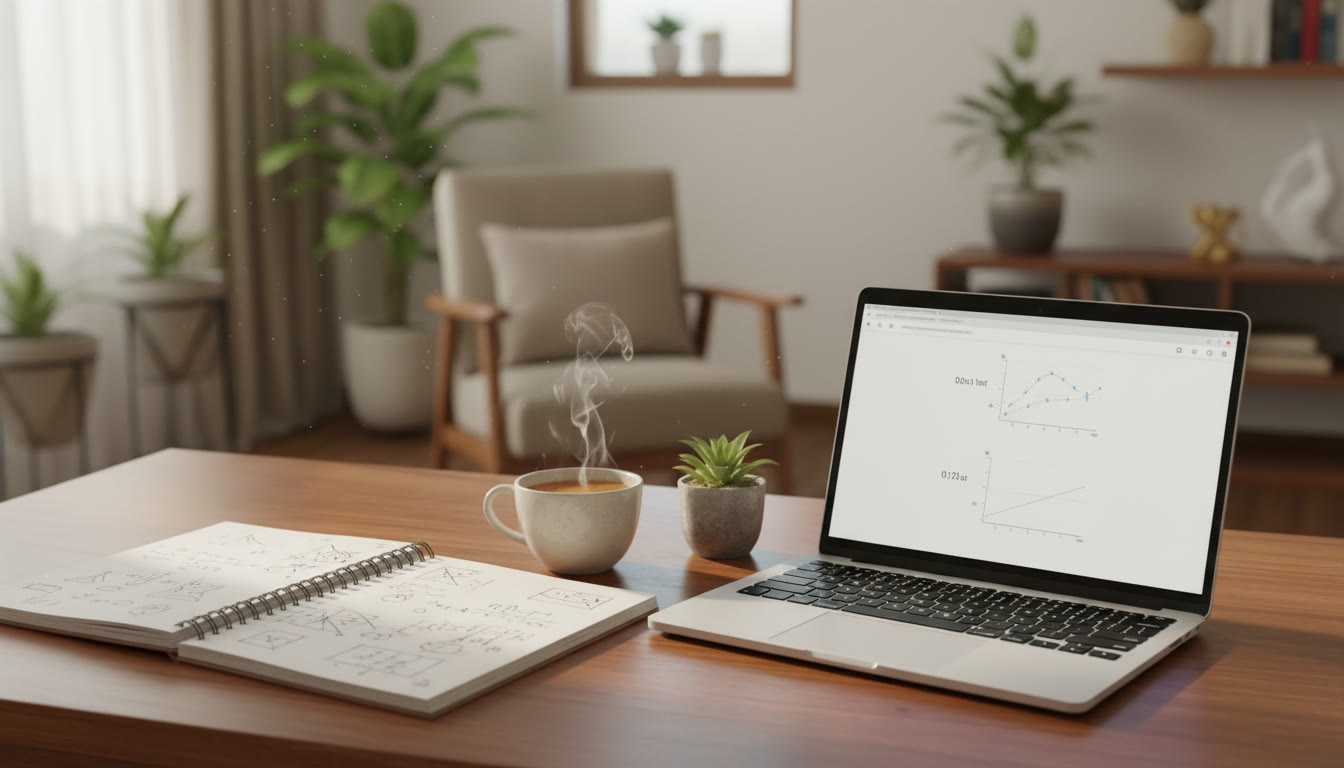 Photo Idea : an open desk with a laptop showing a timed mock-test screen, a handwritten error log and a cup of tea