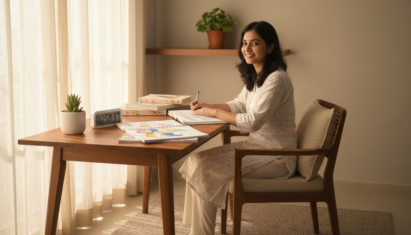Photo Idea : Student at a tidy desk with open textbooks, a notepad, and a visible timer