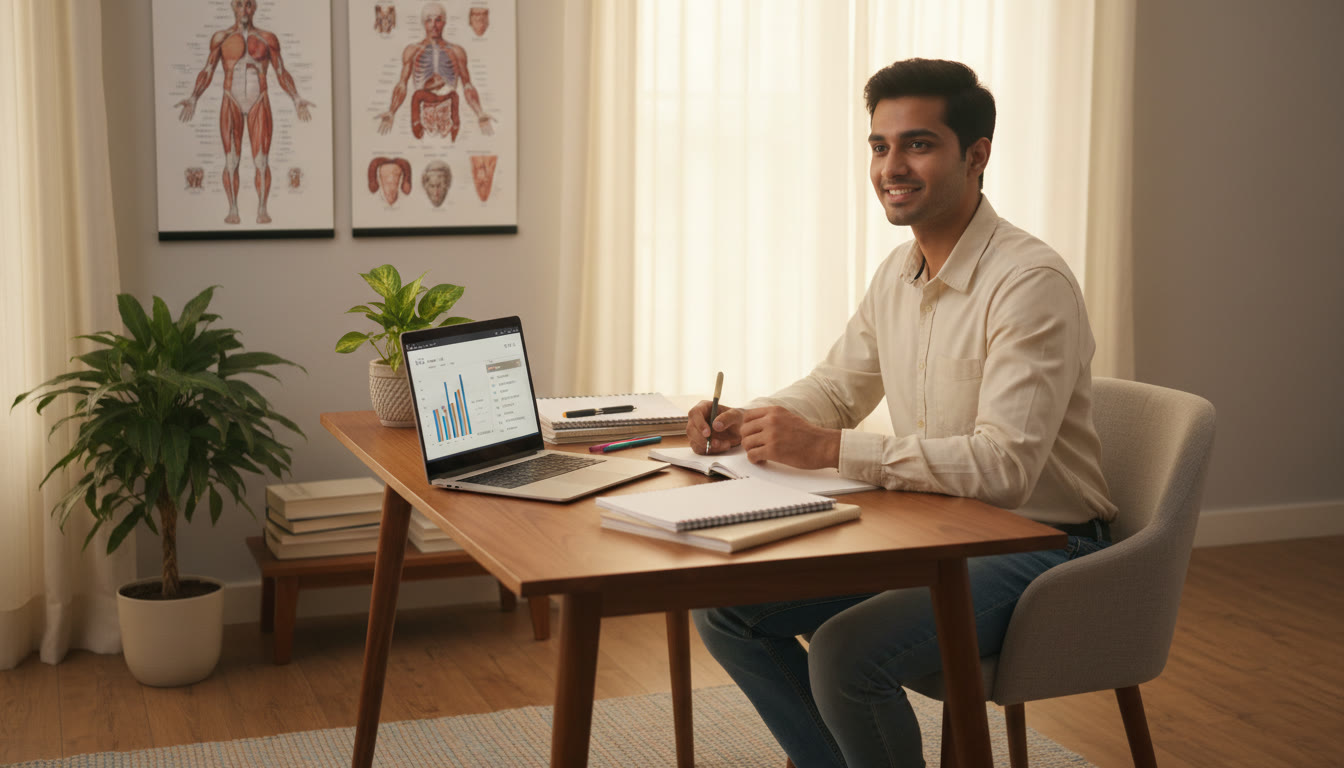 Photo Idea : A hopeful NEET aspirant studying at a desk with anatomy charts and a laptop showing mock test scores