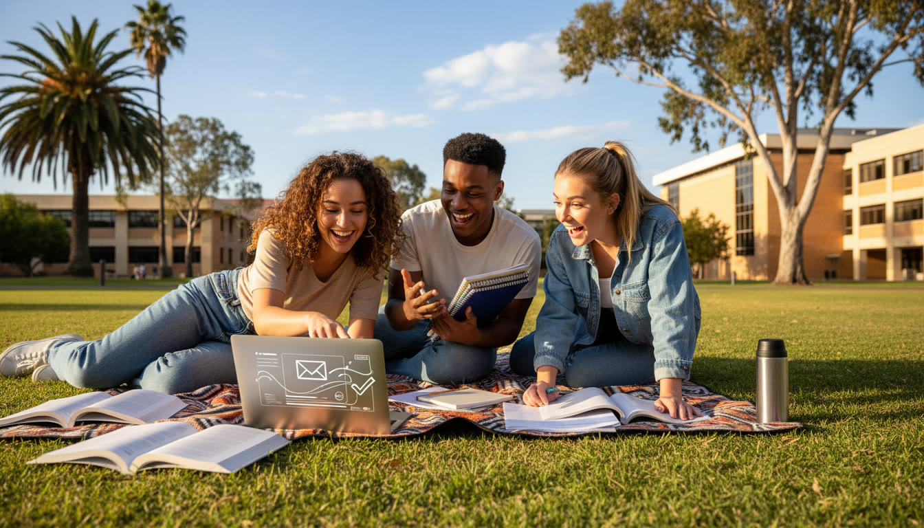 Photo Idea : A small group of students on a sunny Australian campus, discussing notes with a laptop showing an offer email