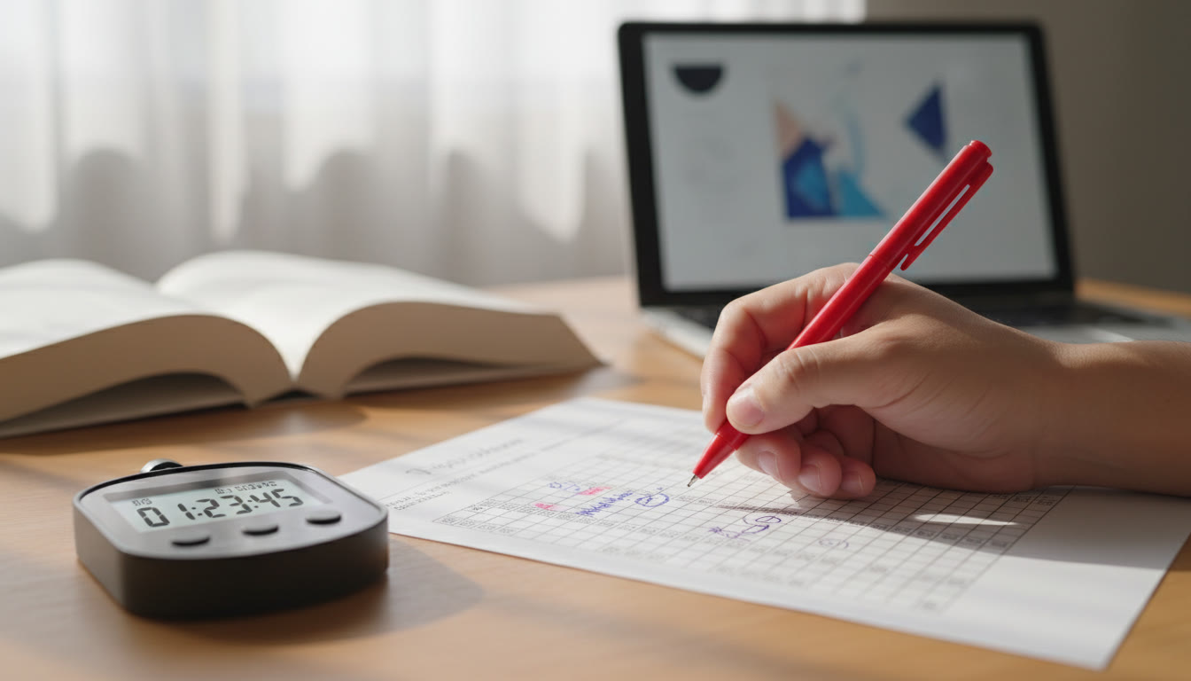 Photo Idea : Close-up of a hand annotating a markscheme next to a timed digital stopwatch