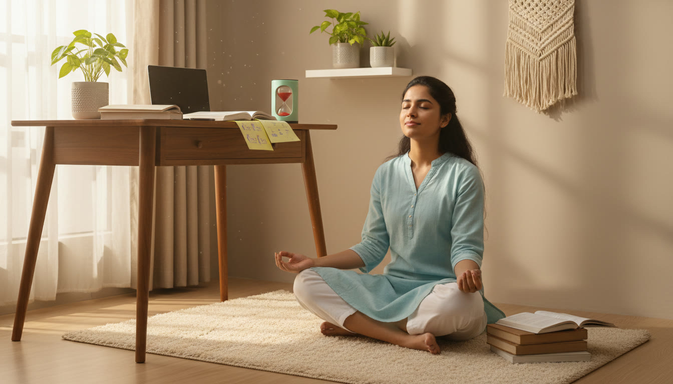Photo Idea : A calm study break scene showing a student practicing deep breathing with closed eyes and a small desk timer nearby.