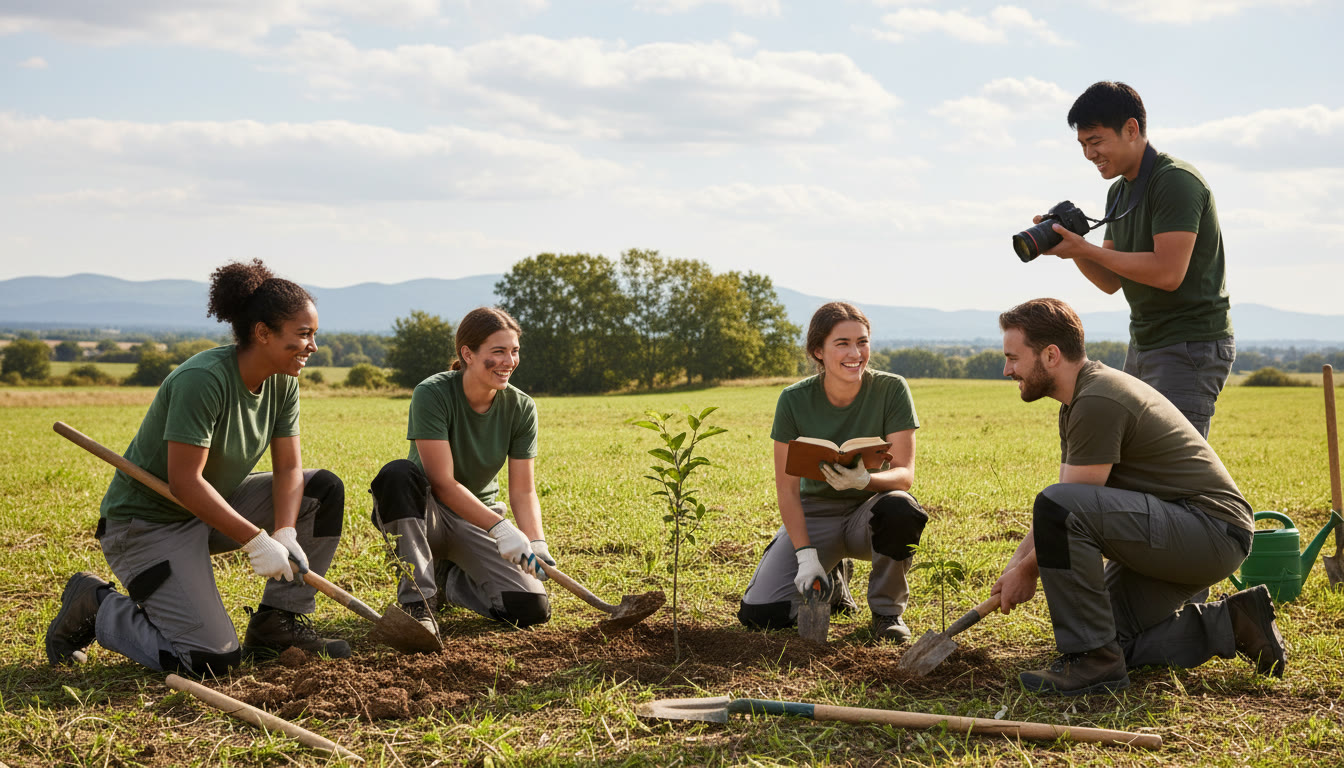 Photo Idea : Small team planting trees with a volunteer holding a logbook and a camera capturing the moment
