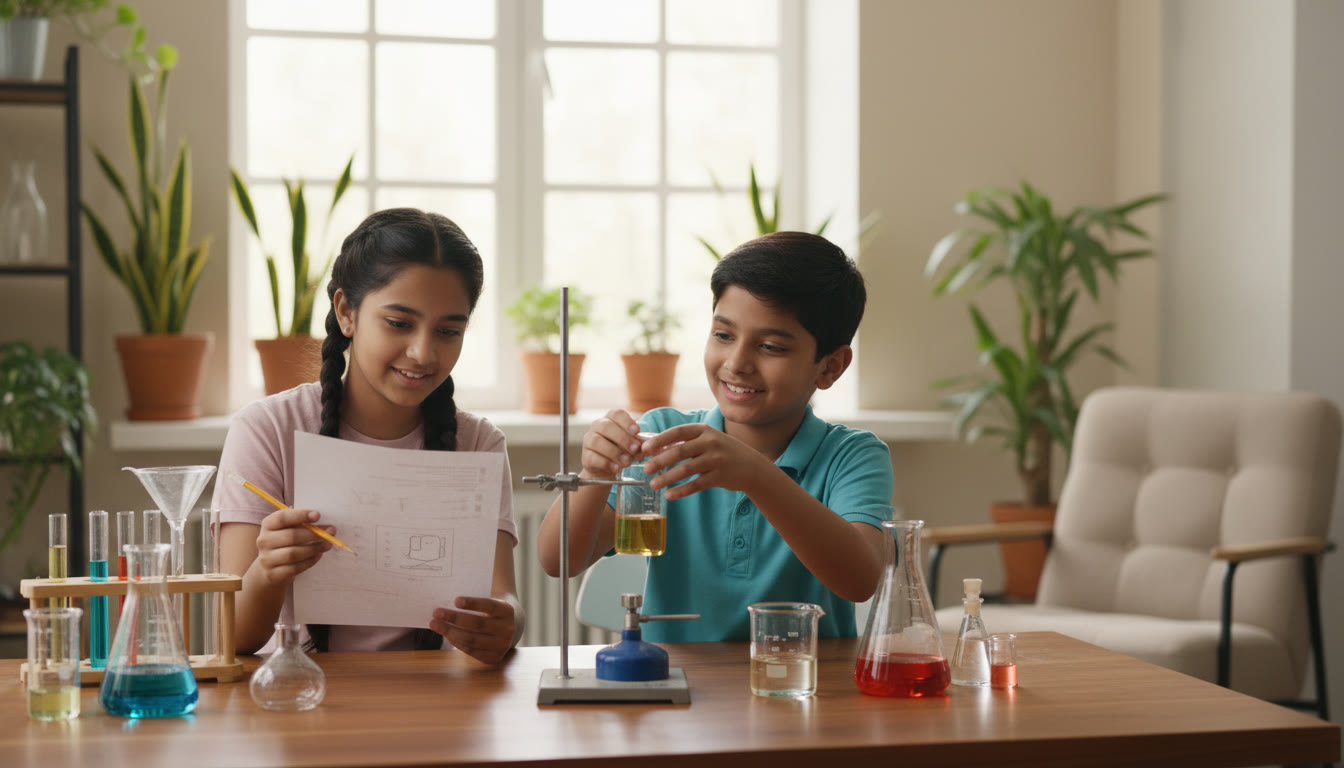 Photo Idea : Two students carefully reading an experiment sheet and arranging glassware in a lab