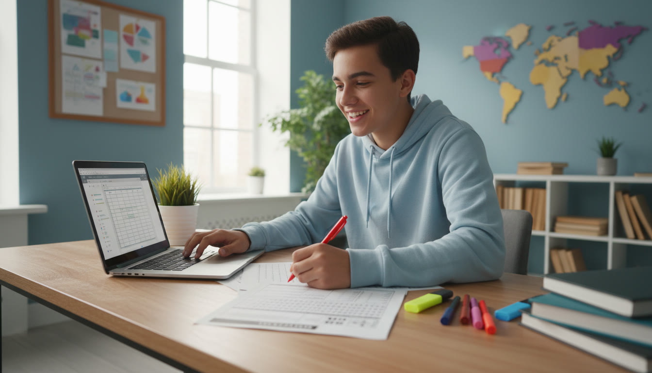 Photo Idea : student at a tidy desk annotating a printed rubric while typing on a laptop