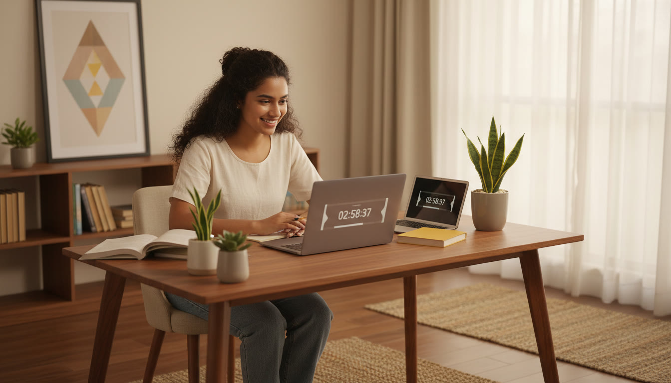 Photo Idea : Student taking a 3-hour mock test on a laptop with a visible countdown timer