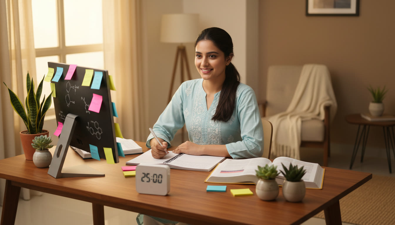 Photo Idea : Student at a tidy desk with open textbooks, colored sticky notes and a digital timer