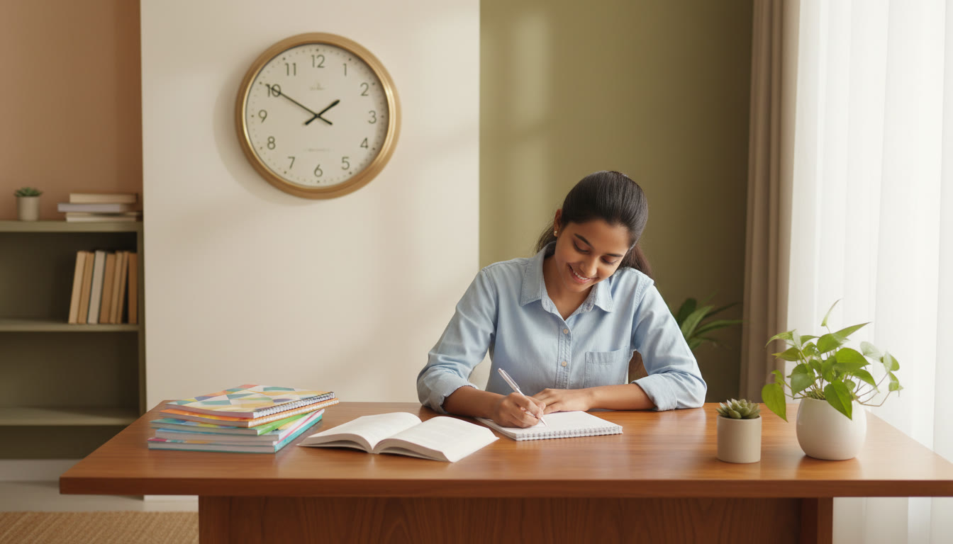 Photo Idea : A student taking a timed mock test at a desk with a clock and neatly arranged practice notebooks