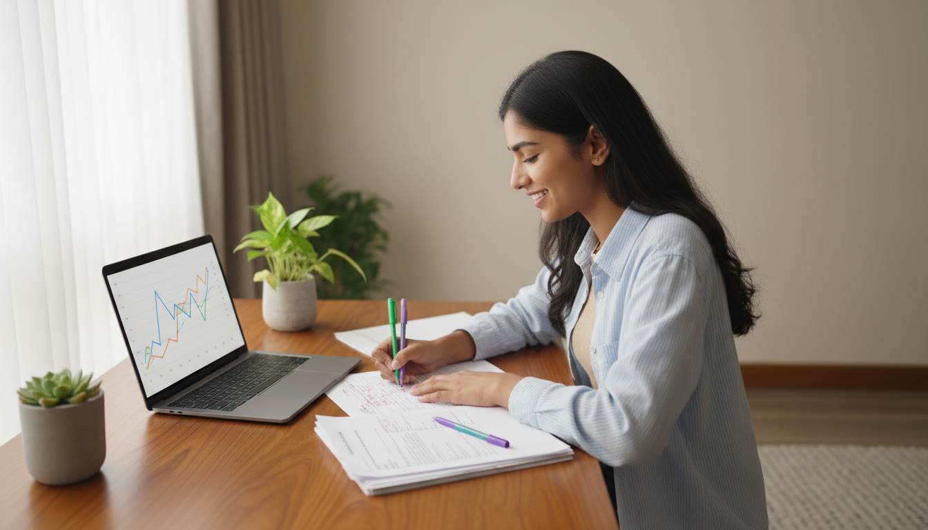 Photo Idea : a student correcting a marked mock paper with coloured pens and a laptop showing performance graph