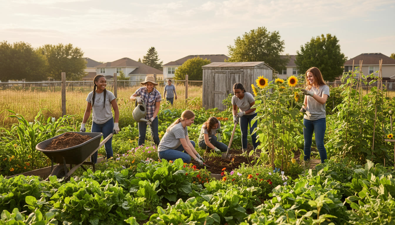 Photo Idea : A small group of students running a community garden project, mid-action and engaged