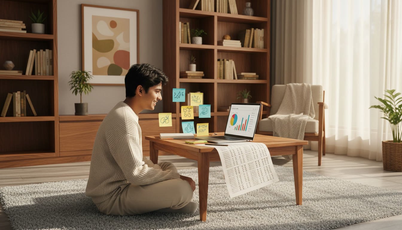 Photo Idea : A student practicing MCQs on a laptop, surrounded by sticky notes and a printed mock OMR sheet.