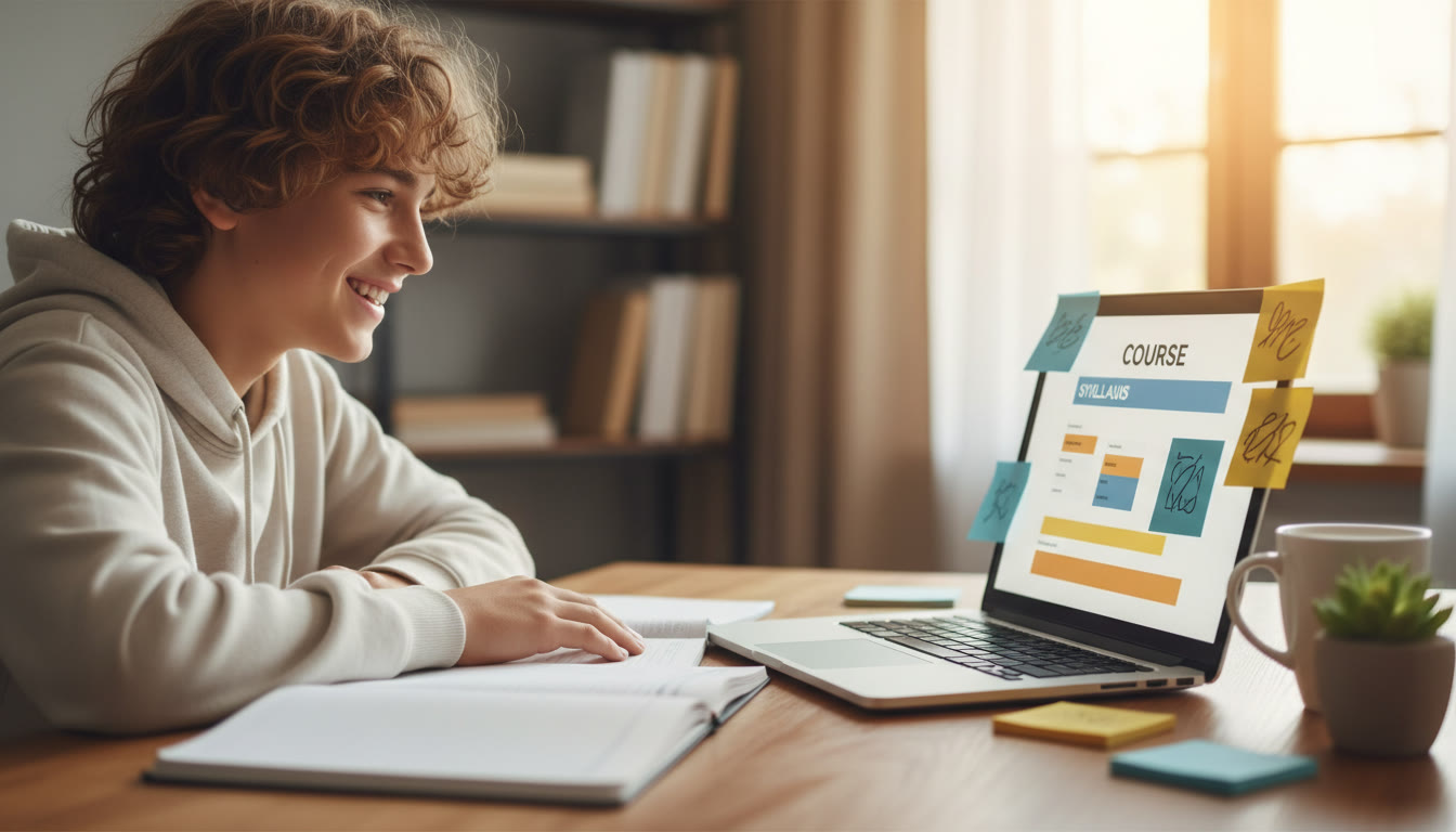 Photo Idea : A focused student at a desk with notebooks, a laptop displaying a syllabus, and sticky notes labeled "HL" and "SL"