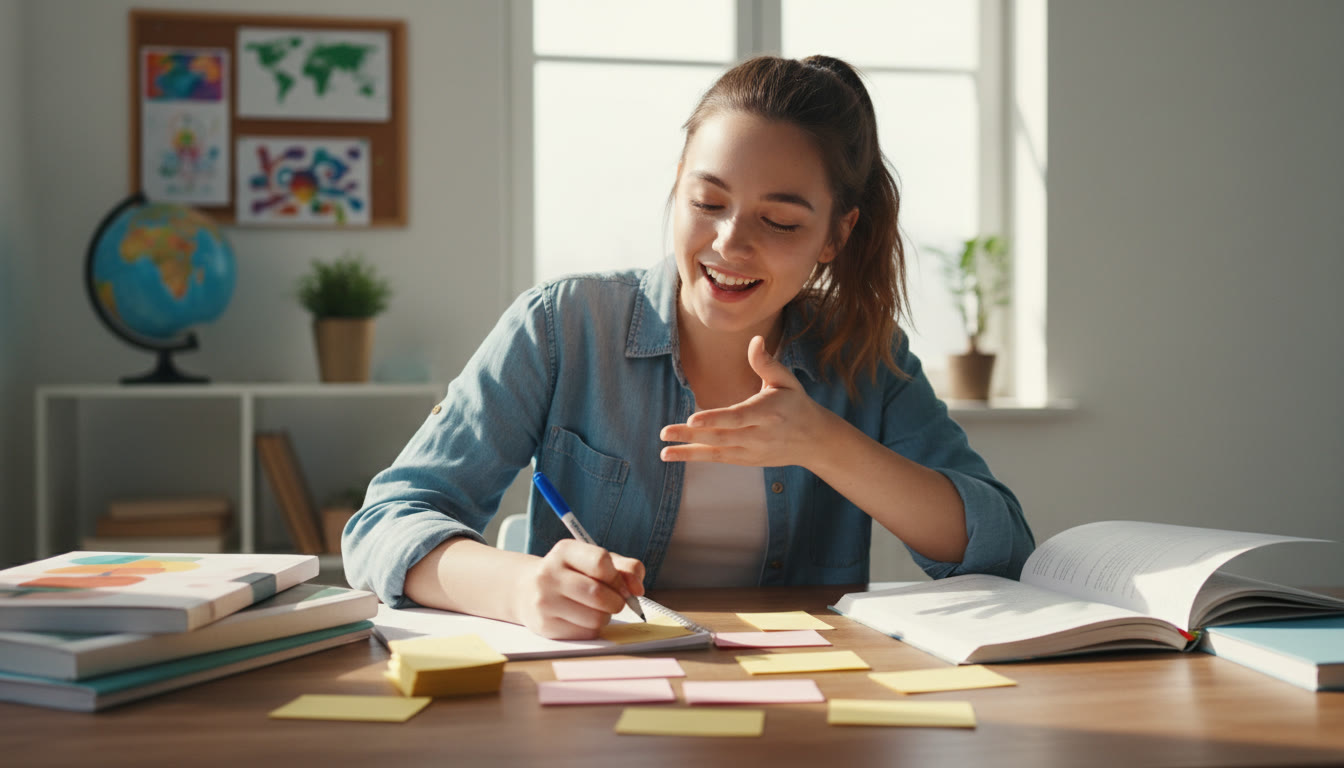 Photo Idea : Student writing vocabulary flashcards and practicing aloud at a desk