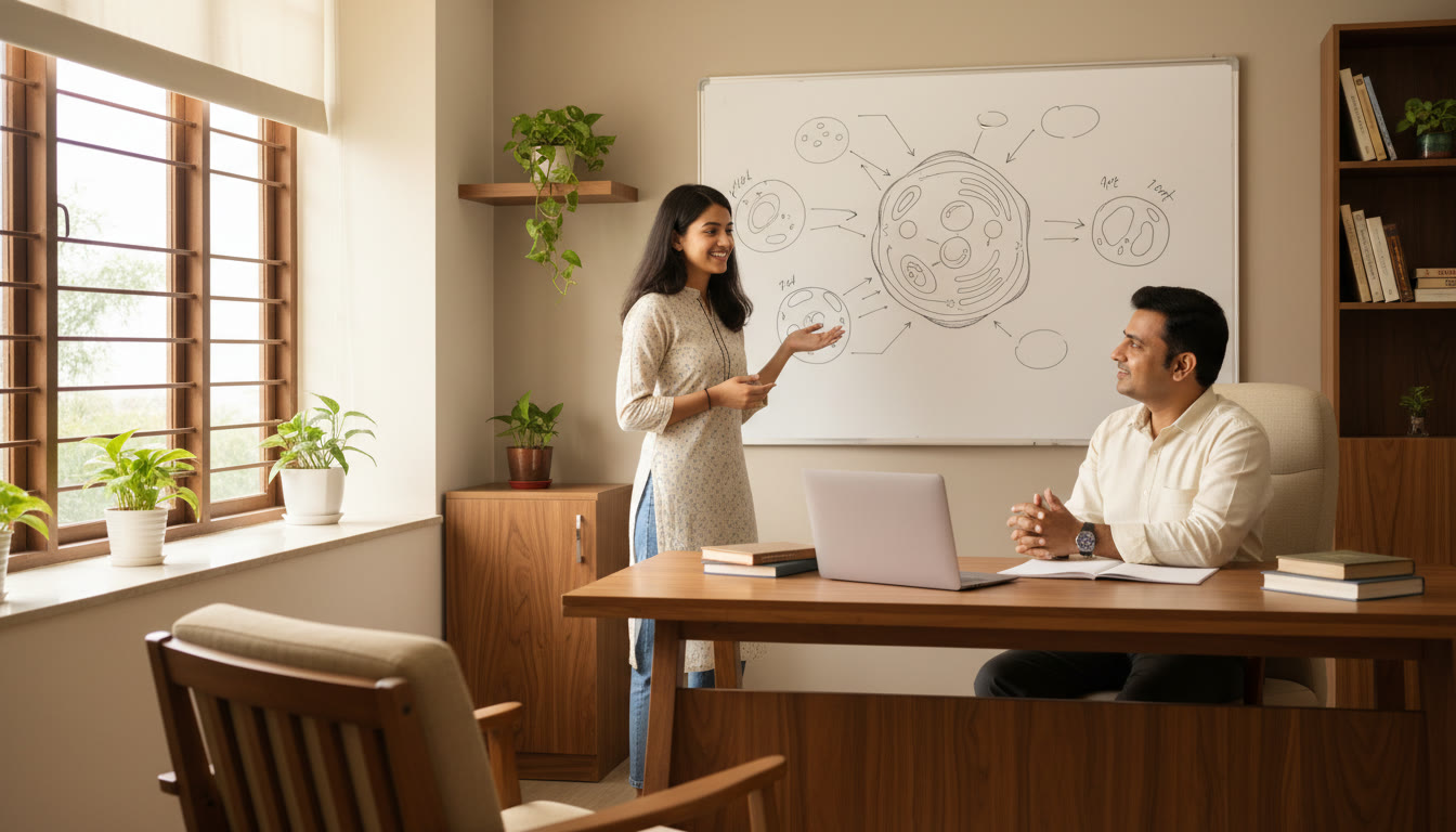 Photo Idea : Student explaining a labelled biology diagram to a teacher during a viva