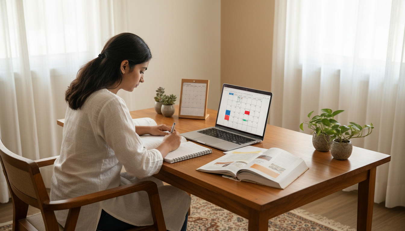 Photo Idea : A focused student at a desk with textbooks, a calendar, and a laptop showing a study schedule