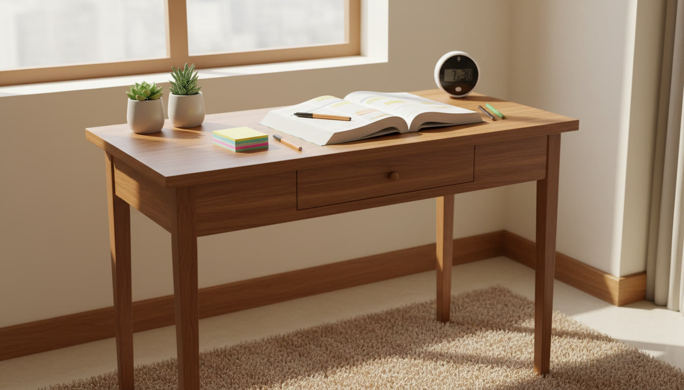 Photo Idea : A neat study desk with flashcards, a marked-up textbook, and a small timer