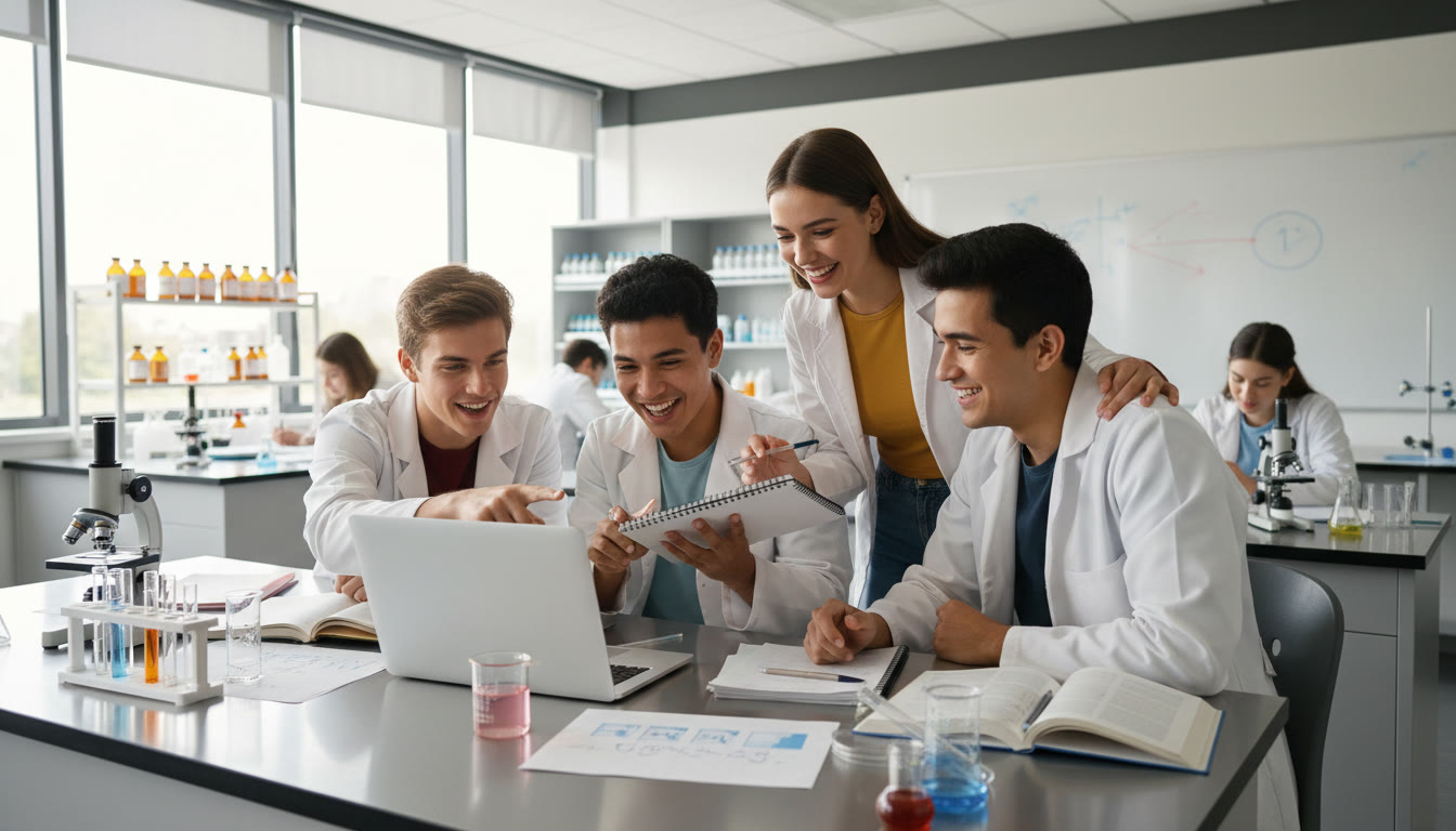 Photo Idea : A small group of students around a lab bench discussing notes and pointing at a laptop