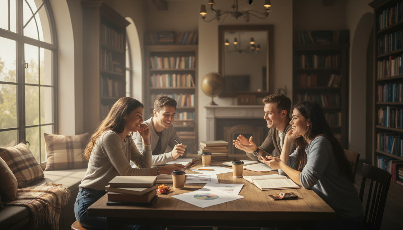 Photo Idea : a small group of students reviewing past papers together in a cozy library nook
