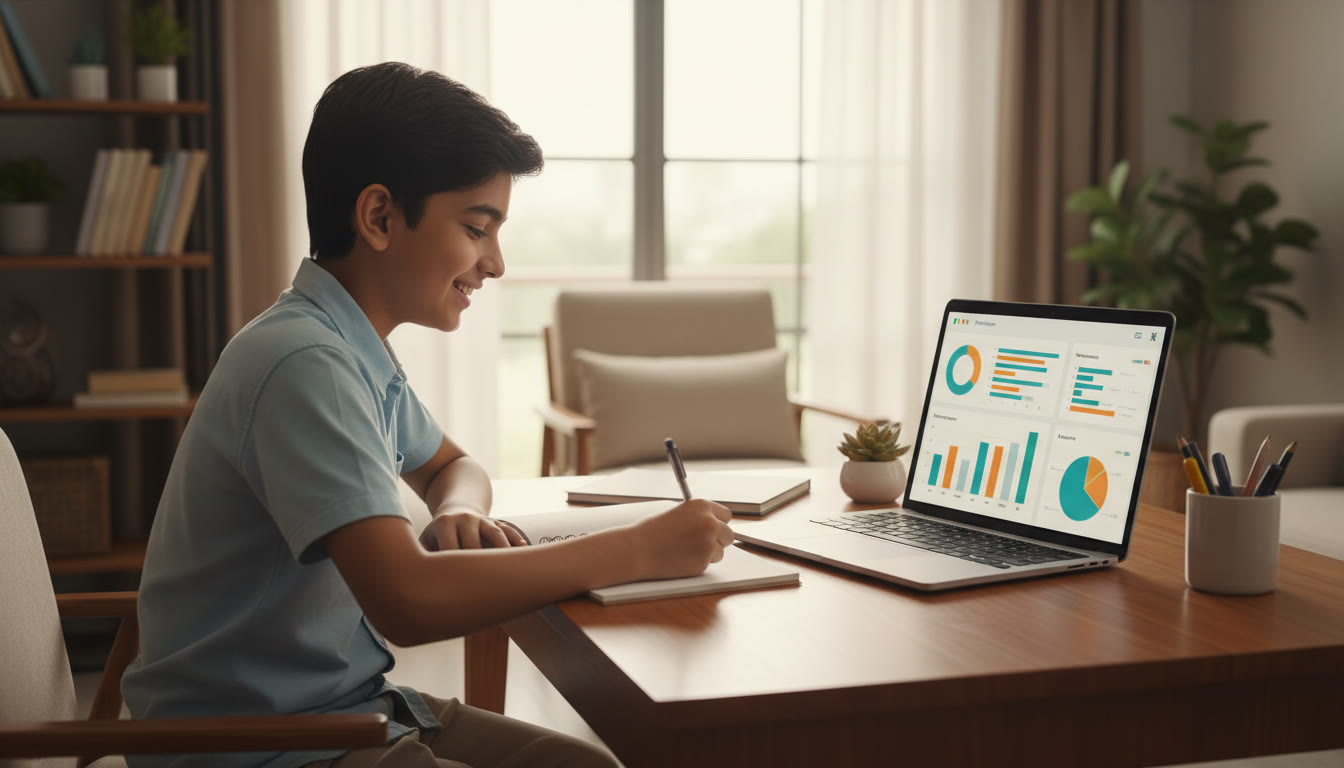 Photo Idea : A mock-test analysis dashboard on a laptop screen showing charts and a student taking notes
