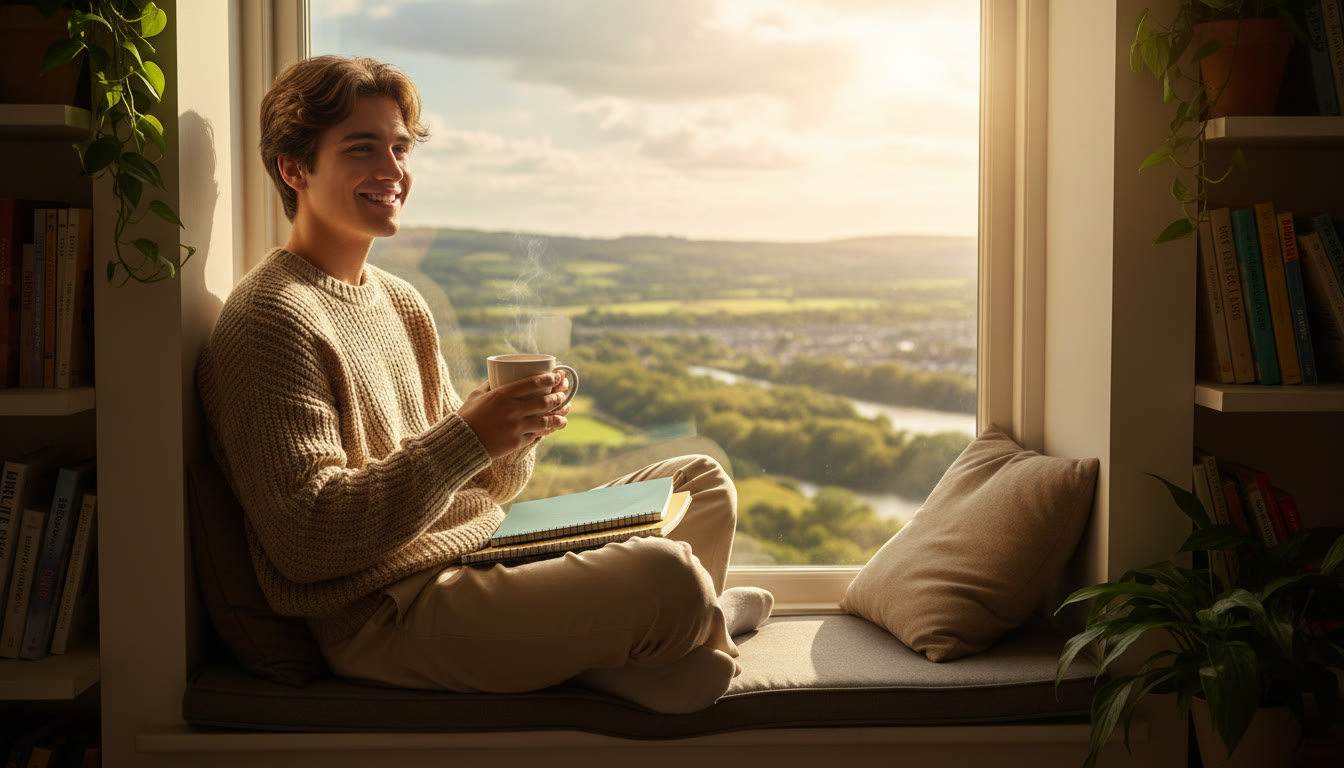 Photo Idea : Student sitting cross-legged on a window seat with closed notebooks and a warm drink
