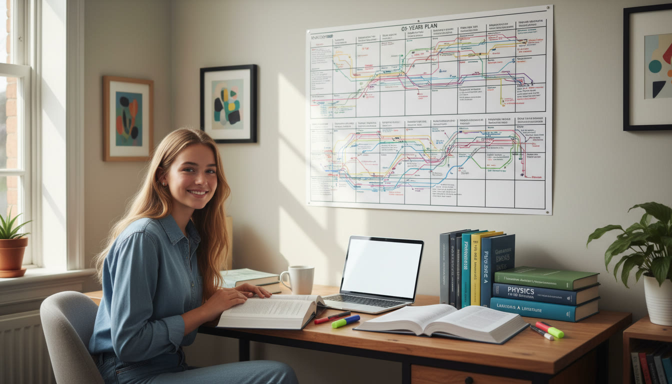 Photo Idea : Student at a desk with open IB textbooks and a wall calendar marked with a 24-month plan