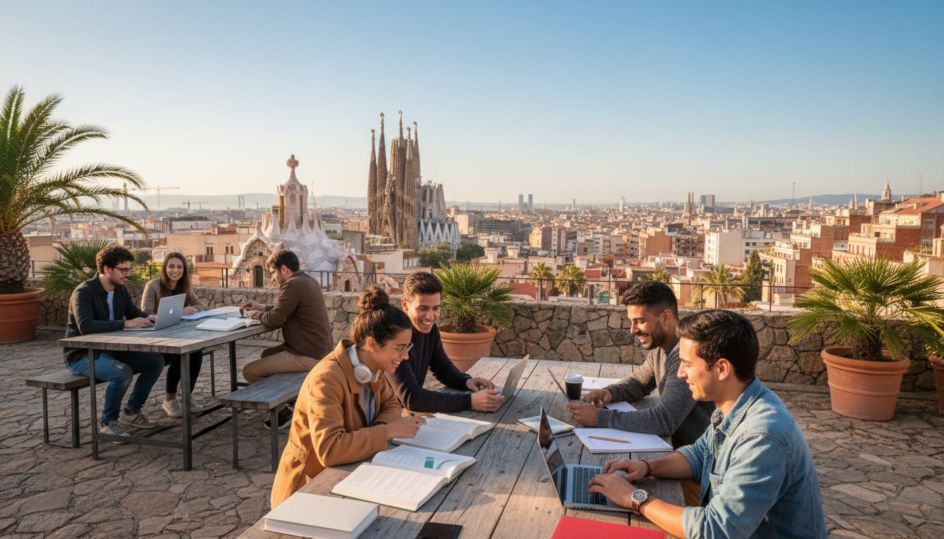 Photo Idea : Students studying outdoors on a university terrace with Barcelona rooftops in the background