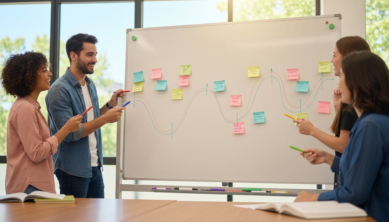 Photo Idea : Students discussing a timeline on a whiteboard with sticky notes and colored pens