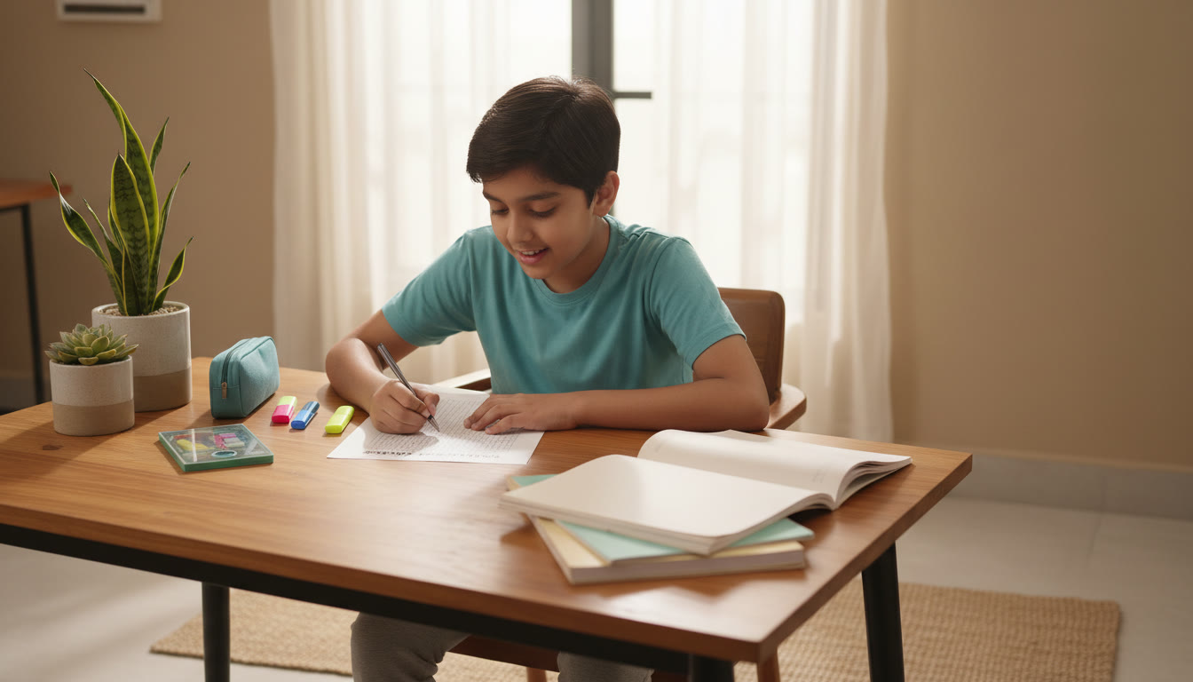 Photo Idea : A focused student marking answers on an OMR sheet beside neatly organized subject notebooks