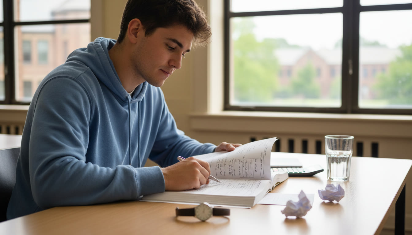 Photo Idea : Calm student using last pages of an exam booklet to check answers with a watch nearby