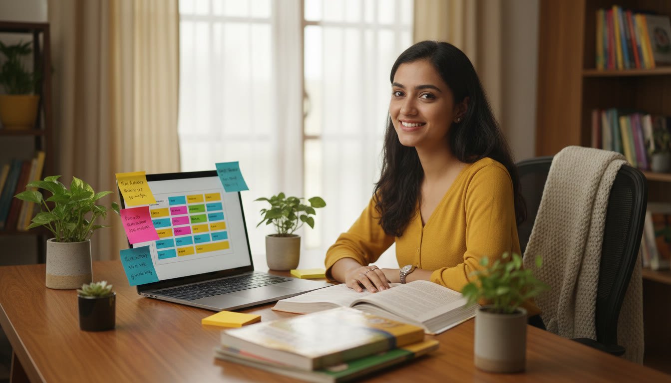Photo Idea : Student at a tidy desk with textbooks, a laptop showing a timetable, and sticky notes for revision