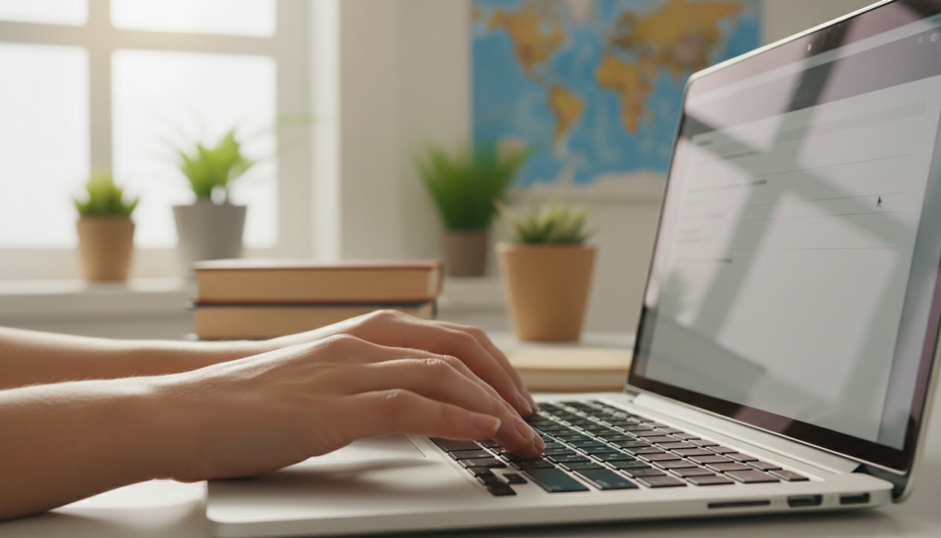 Photo Idea : Close-up of hands typing a UCAS application answer on a laptop