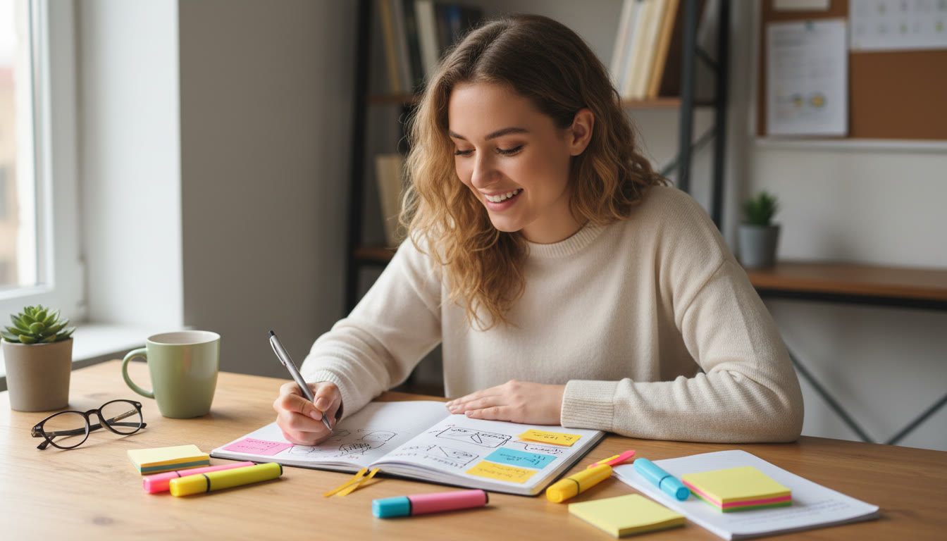 Photo Idea : Student writing an annotated essay plan on a desk with highlighters and sticky notes