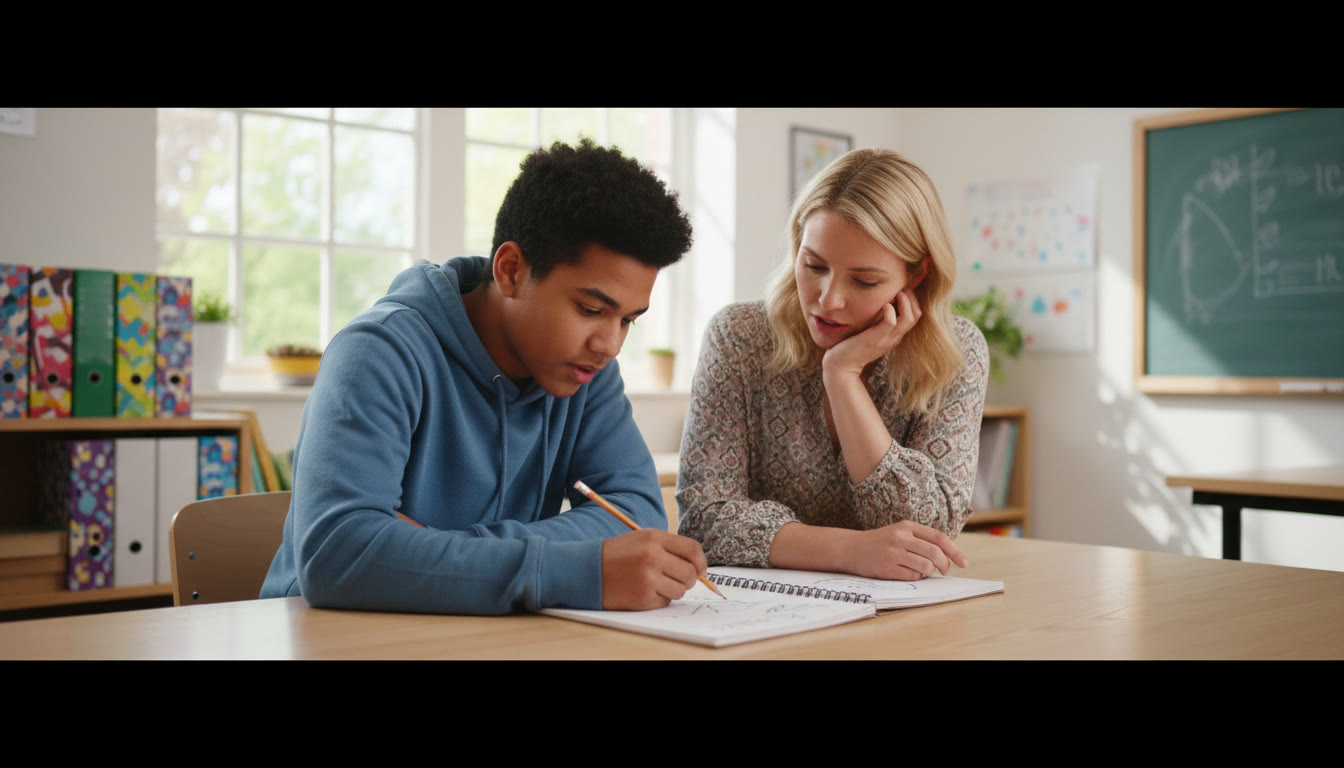 Photo Idea : student and teacher leaning over a notebook with a calm, constructive expression