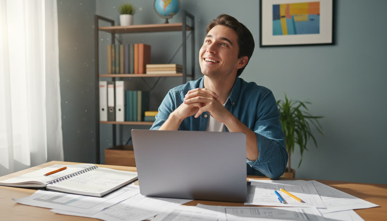Photo Idea : A student at a tidy desk surrounded by printed drafts, a notebook with dated notes, and a laptop, taking a moment to pause and collect their thoughts.