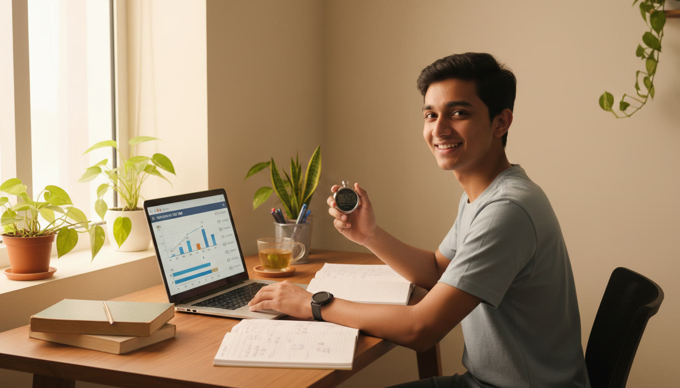 Photo Idea : A student at a tidy desk, stopwatch in hand, laptop displaying a timed practice test and scattered notebooks