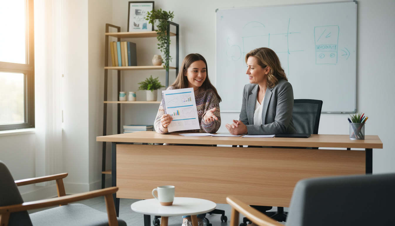 Photo Idea : An IB student showing a neat, printed plan to a school counselor in a bright office