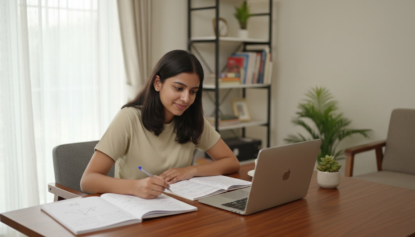 Photo Idea : A focused student comparing IB notes with JEE problem sets, two notebooks and a laptop on a desk