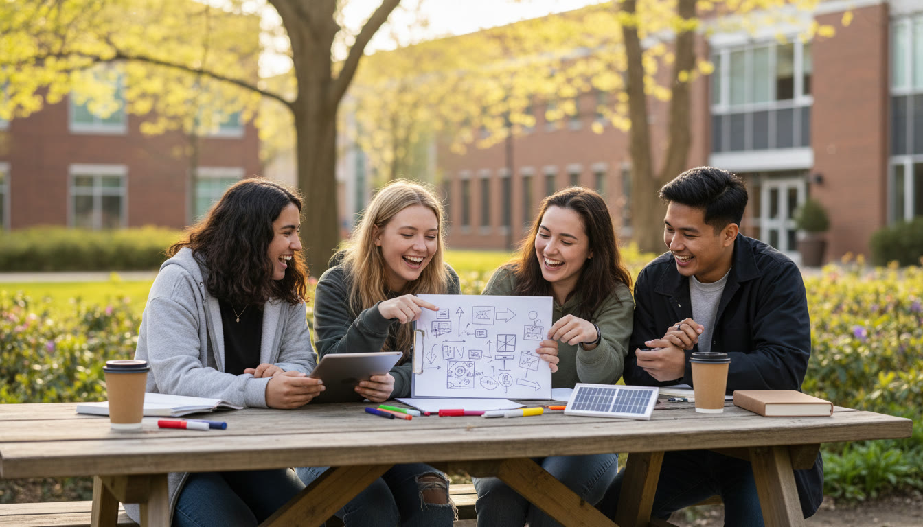 Photo Idea : A small group of IB students collaborating on a CAS project outdoors, smiling and planning on a clipboard.