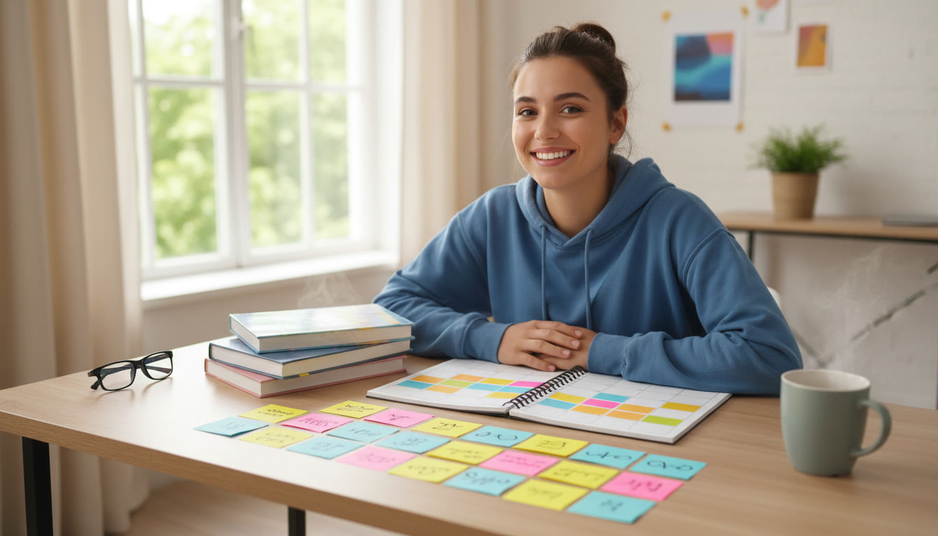 Photo Idea : student at a tidy desk with IB books, calendar open, and sticky notes color-coded