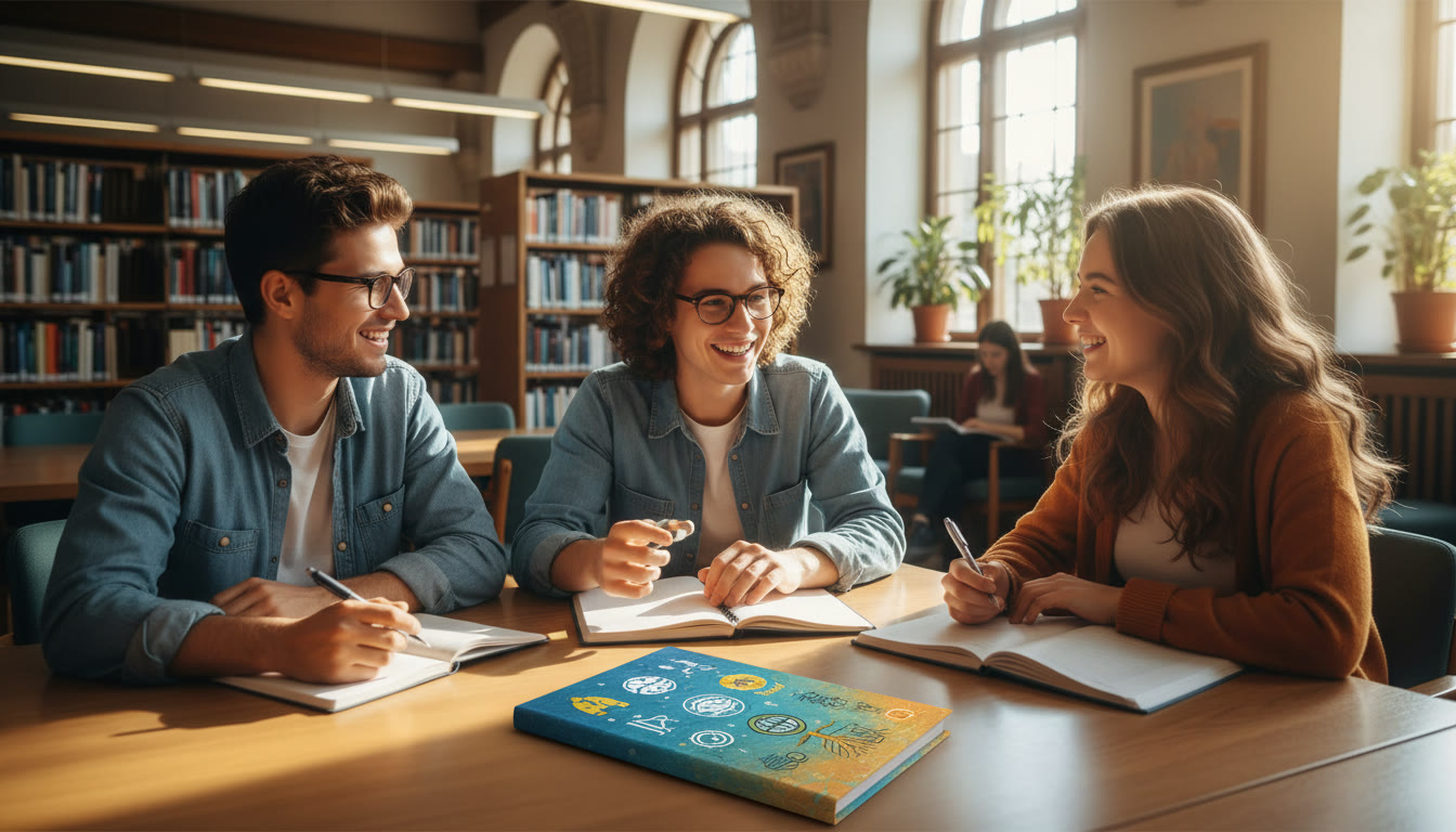Photo Idea : students in a library casually discussing a notebook labeled "Values"