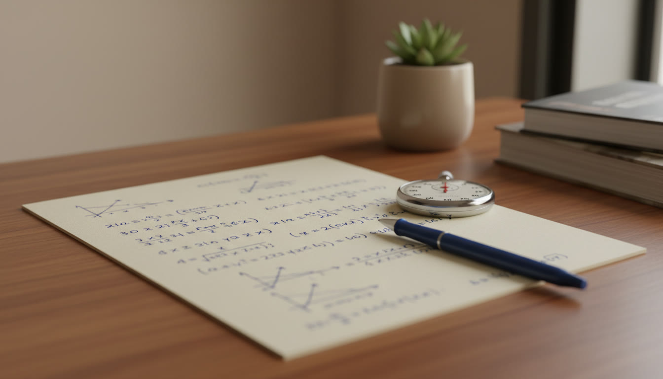 Photo Idea : A close-up of an open answer sheet with a neat handwritten solution, a pen, and a stopwatch to imply timed practice.