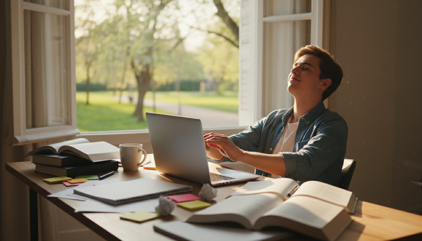 Photo Idea : A student sitting at a desk with scattered notes, closing a laptop and taking a deep breath