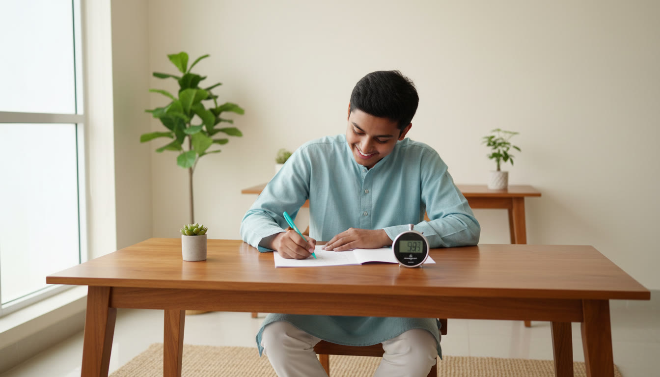 Photo Idea : Student marking answers on a practice paper with a coloured pen while a watch times the session