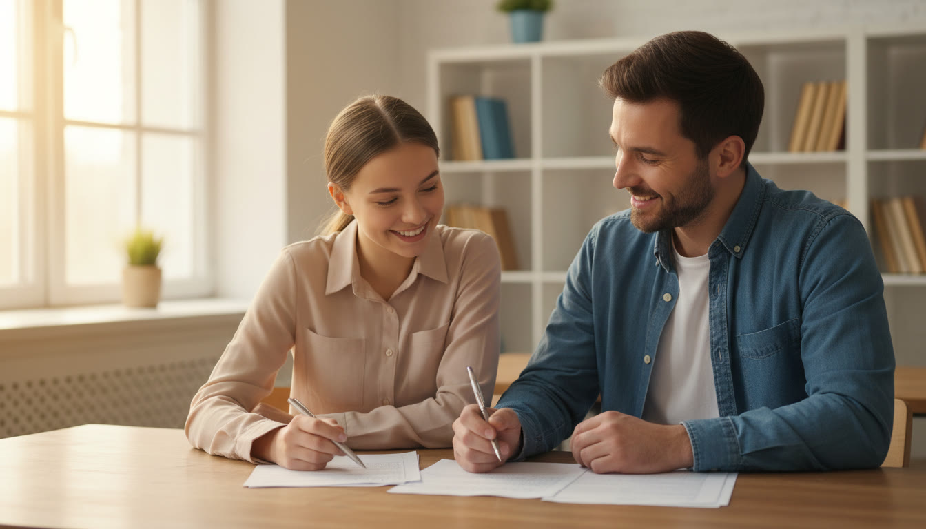 Photo Idea : a student and teacher reviewing a draft at a desk, warm natural light