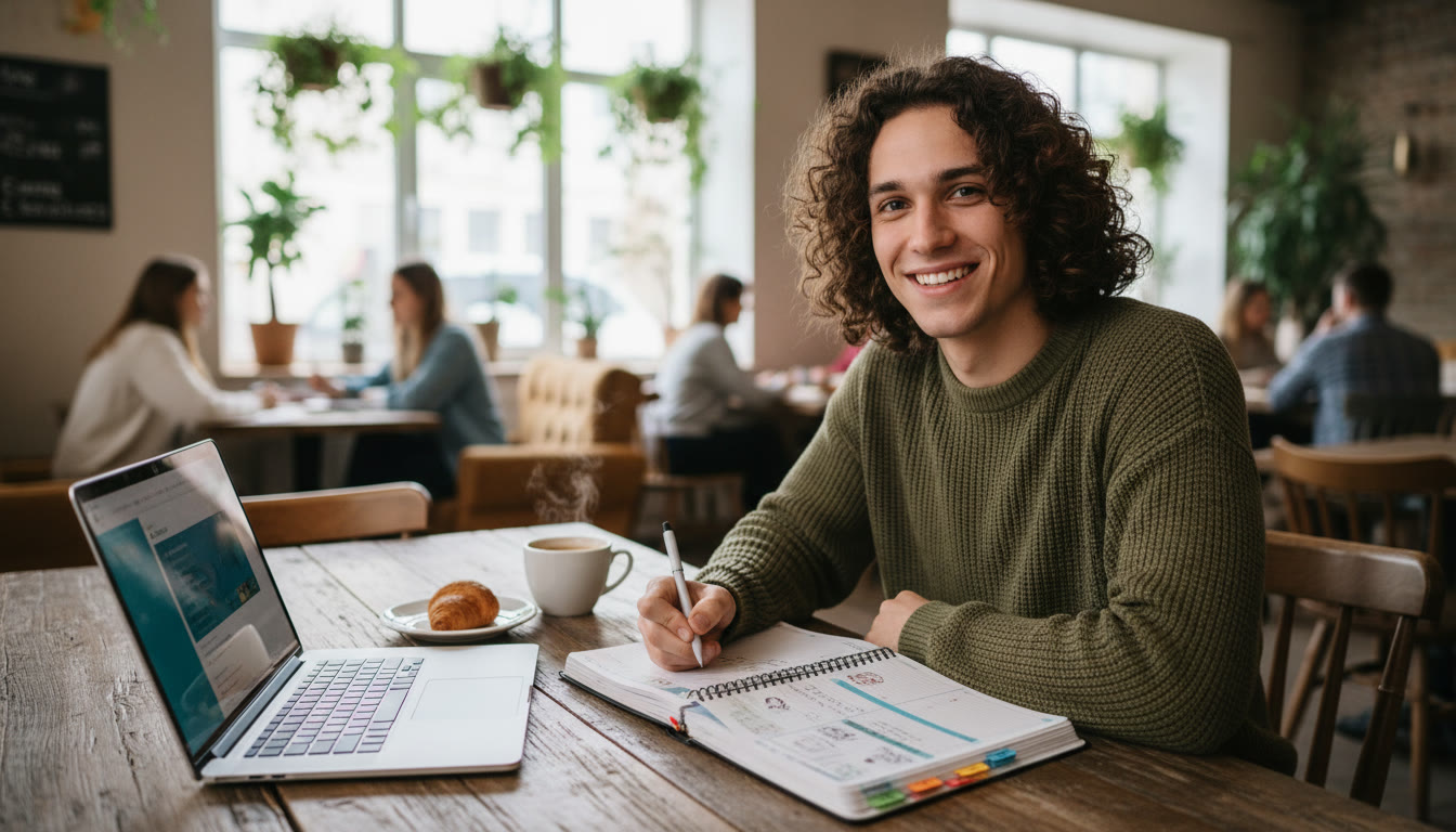Photo Idea : student with open planner and laptop at a café, pen poised